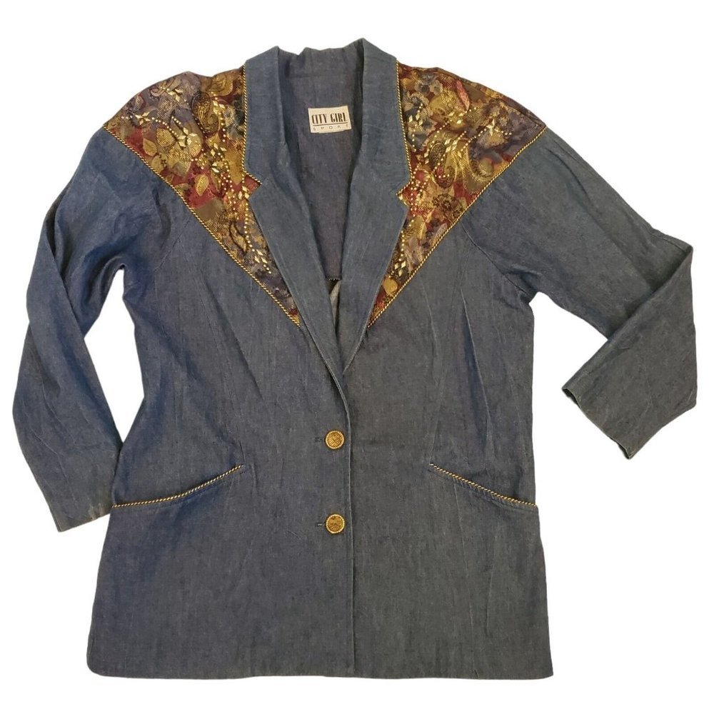 Vintage 80s 90s Denim Jean Western Studded Jacket Gold Floral Shoulders‎
